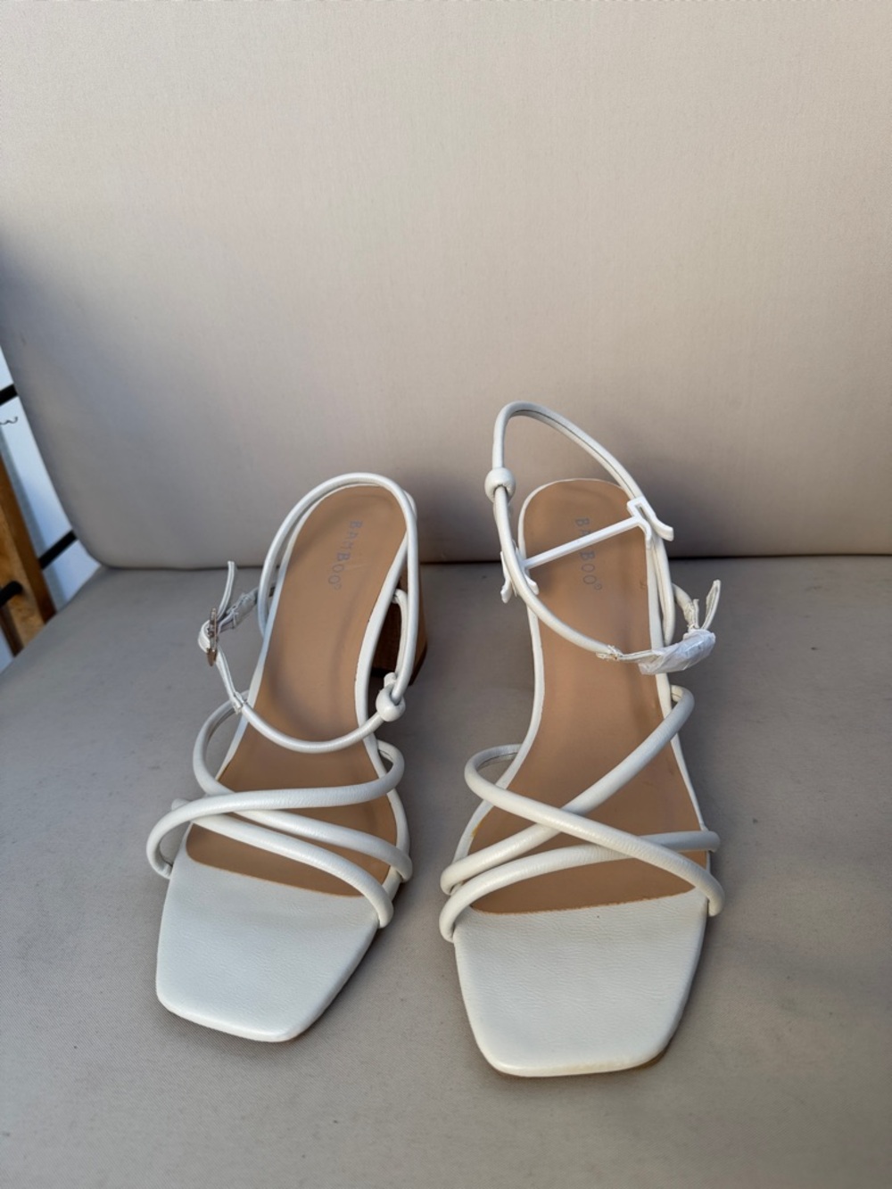 BAMBOO taupe Strappy Square-Toe Heeled Sandals
